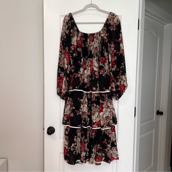 Baltic Born Viviana Tiered Floral Black and Red Long Sleeve Midi Dress - Picture 6 of 7